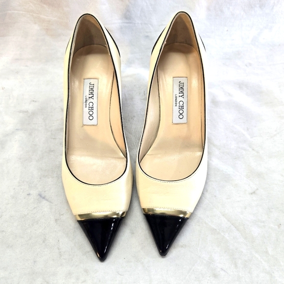 Jimmy Choo Shoes - Jimmy Choo Women's 37 Kitten Pumps Cream Black Cap Toe Pointed Low Heels